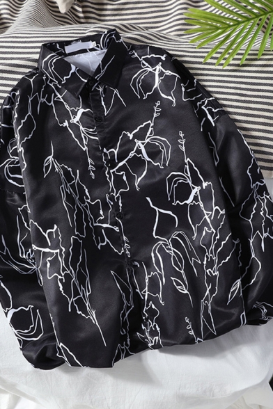 Stylish Boys Long Sleeve Lapel Neck Button Up All Over Abstract Print Relaxed Fitted Shirt in Black