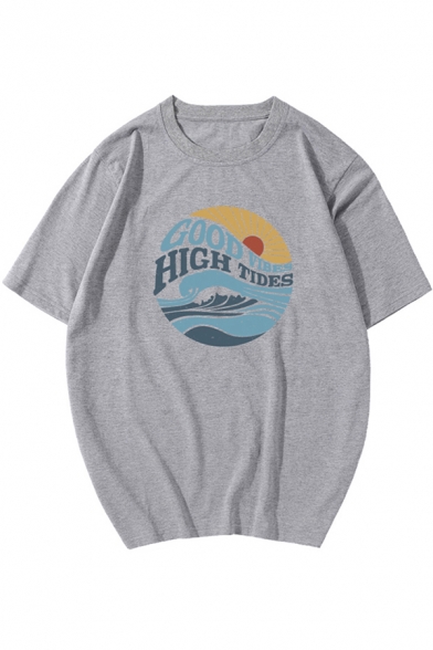 Stylish Womens Short Sleeve Crew Neck Letter GOOD VIBES HIGH TIDES Wave Graphic Relaxed Fit Tee Top