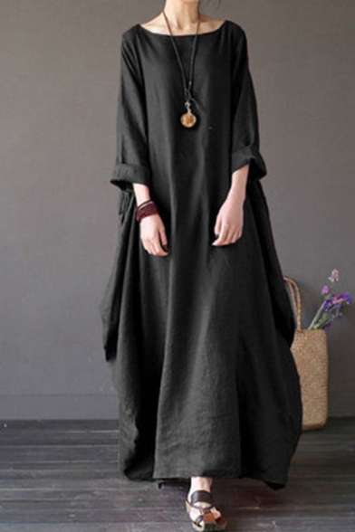 Vintage Solid Color Roll Up Sleeve Round Neck Linen and Cotton Maxi Oversize Dress for Women