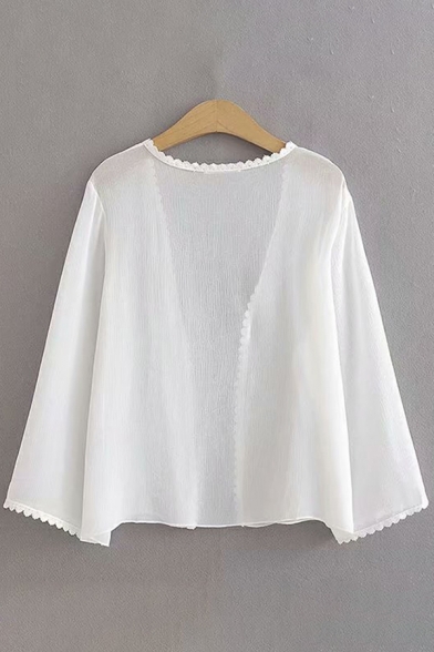 White Solid Color Chiffon Lace Trim Long Sleeve Open Front See-Through Sun Protection Loose Daily Jacket for Women