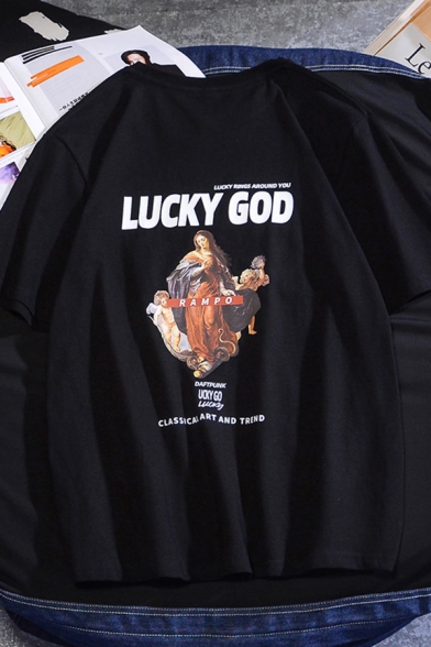 Casual Cool Boys Short Sleeve Crew Neck Letter LUCKY GOD Cartoon Graphic Loose T Shirt