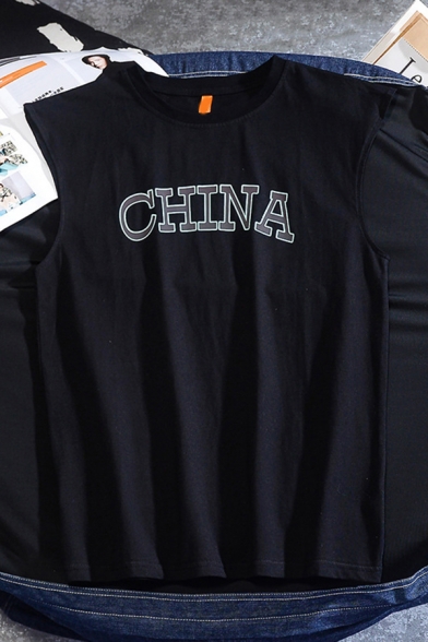 Chic Mens Short Sleeve Crew Neck Letter CHINA Print Regular Fit Tank Top