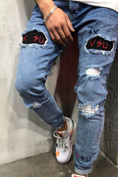 Cool Boys Mid Rise Letter VSU Print Distressed Bleach Rolled Edge Slim Fitted Jeans in Light Blue
