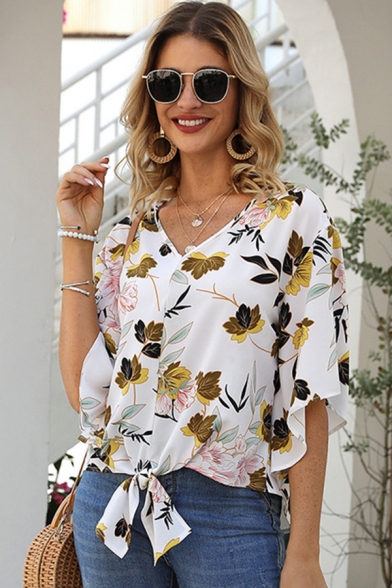 Fancy Amazing Womens Bell Sleeves V-Neck Tied Hem All Over Flower Print Chiffon Relaxed Fit Blouse Top