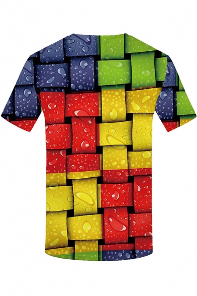 Fashionable Mens Short Sleeve Crew Neck Geometric 3D Printed Colorblocked Slim Fit Colorful T Shirt