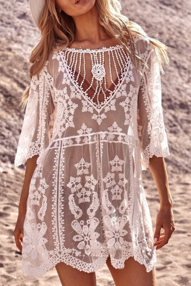 

Gorgeous Ladies White Half Sleeve Round Neck Cut Out All Over Floral Embroidered Scallop Sheer Lace Short Swing Dress, LM617357