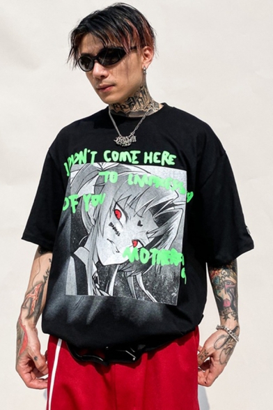 Hip Hop Letter I Did't Come Here Comic Graphic Half Sleeves Crew Neck Loose Fitted T Shirt for Men