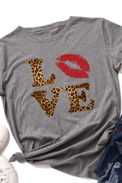 Leisure Womens Roll Up Sleeve Crew Neck Letter LOVE Leopard Lip Graphic Slim Fitted T-Shirt