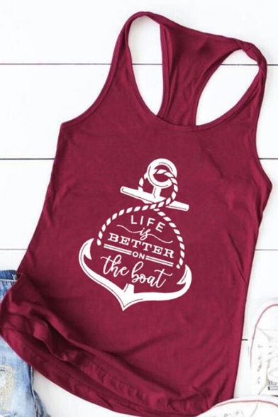 Popular Girls Sleeveless Scoop Neck Racerback Letter LIFE IS BETTER ON THE BOAT Print Relaxed Tank Top