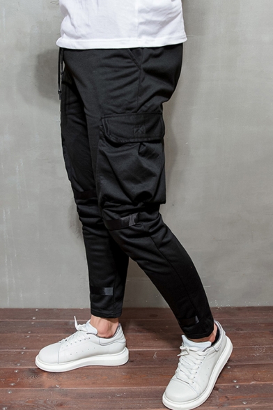 Popular Solid Color Flap Pockets Drawstring Waist Tape Panel Ankle Relaxed Trousers for Men