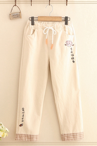 Preppy Girls Drawstring Waist Japanese Letter Cat Embroidered Plaid Panel Long Straight Pants