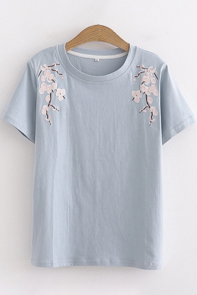 Simple Womens Short Sleeve Round Neck Floral Embroidered Relaxed Fit Tee Top
