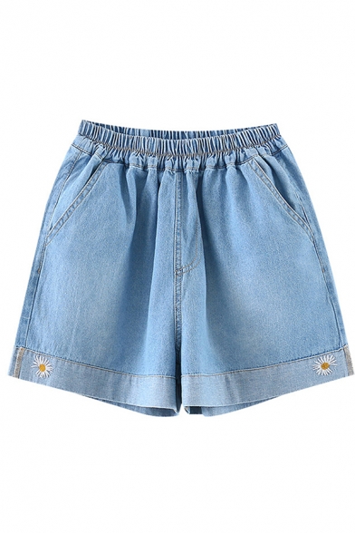 Street Summer Girls Elastic Waist Daisy Floral Embroidery Contrasted Relaxed Denim Shorts