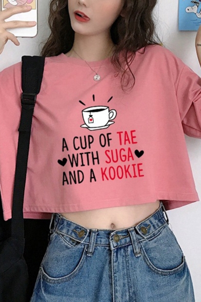 Streetwear Ladies Short Sleeve Round Neck Letter A CUP OF TAE WITH SUGA AND A KOOKIE Cup Graphic Relaxed Crop Tee