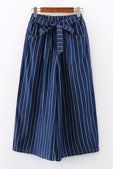 Trendy Ladies Bow Tie Elastic Waist Stripe Printed Long Length Wide-Leg Jeans