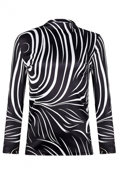 Unique Womens Long Sleeve Mock Neck Abstract Stripe Printed Slim Fitted T-Shirt in Black