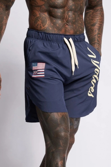 WOLVES Letter American Flag Logo Printed Drawstring-Waist Mens Summer Casual Workout Shorts