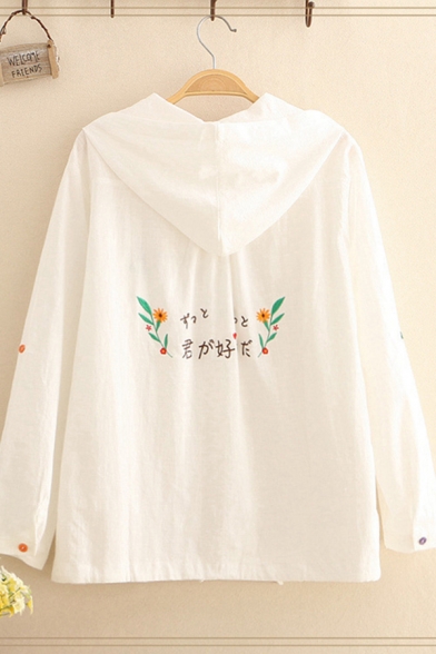Womens Trendy White Long Sleeve Hooded Colorful Button Down Japanese Letter Floral Embroidered Drawstring Hem Loose Jacket