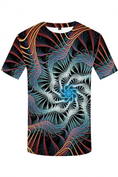 Blue Cool Short Sleeve Crew Neck Dizzy Abstract Stripe 3D Printed Slim Fit T-Shirt for Guys