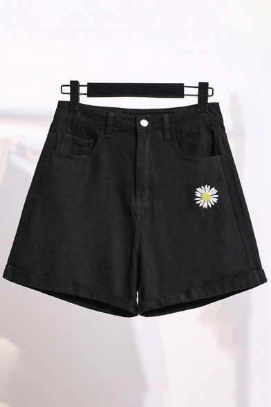 Casual Womens High Rise Daisy Floral Embroidered Rolled Cuffs Relaxed Shorts