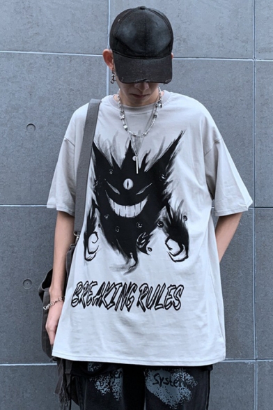 Chic Letter Breaking Rules Demon Graphic Half Sleeves Crew Neck Loose Fit T-Shirt for Boys