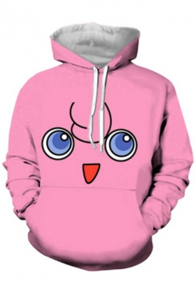 Cute Fashion Boys Long Sleeve Drawstring Cartoon Face 3D Pattern Pouch Pocket Relaxed Hoodie in Pink