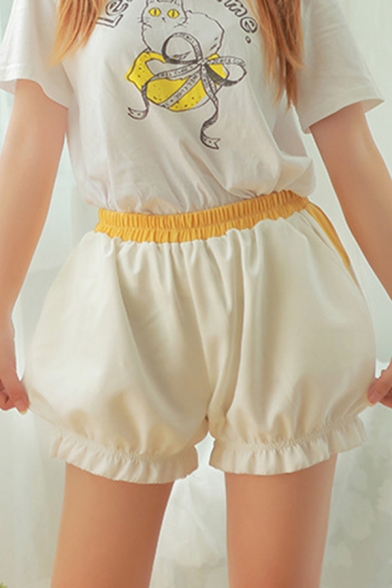 Cute Kawaii Girls Elastic Waist Paw Pattern Stringy Selvedge Fuzzy Colorblock Fit Shorts in Apricot