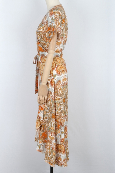 Ethnic Boho Pretty Womens Short Sleeve Surplice Neck Allover Flower Print Long Wrap Dress in Orange