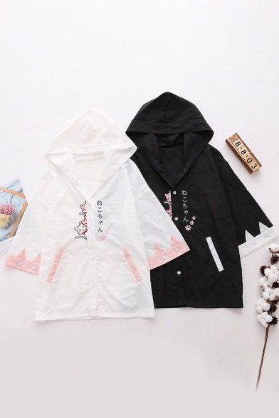 Harajuku Womens Three-Quarter Sleeve Hooded Button Down Japanese Letter Cat Embroidered Contrasted Relaxed Jacket