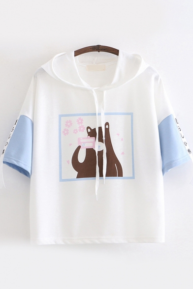 Popular Womens Short Sleeve Hooded Drawstring Japanese Letter Bear Graphic Straps Colorblock Relaxed T-Shirt