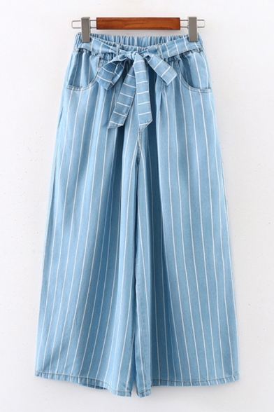 Trendy Ladies Bow Tie Elastic Waist Stripe Printed Long Length Wide-Leg Jeans
