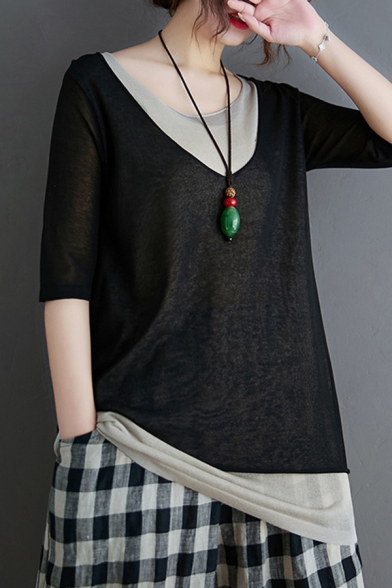 Trendy Womens Three-Quarter Sleeve Round Neck Linen and Cotton Patchwork Color Block Relaxed Fit T-Shirt