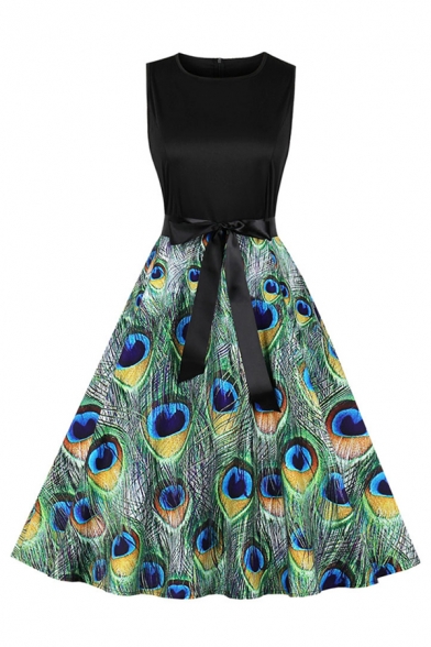 Unique Peacock Feathers Printed Patched Sleeveless Round Neck Bow Tie Waist Mid Pleated Swing Dress in Green