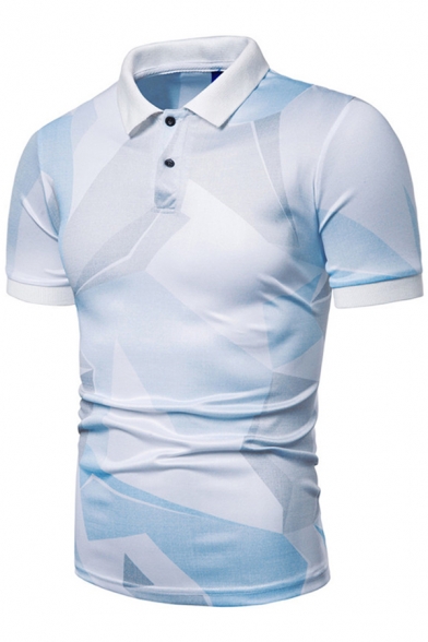 Casual Mens Short Sleeve Lapel Neck Button Up Colorblock Patterned Slim Fit Polo Shirt