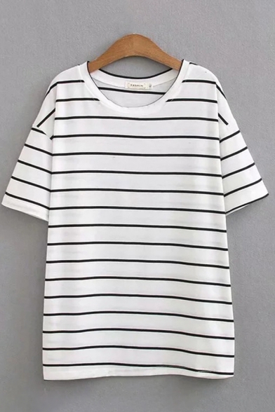 Classic Womens Short Sleeve Round Neck Stripe Printed Loose Fit T-Shirt