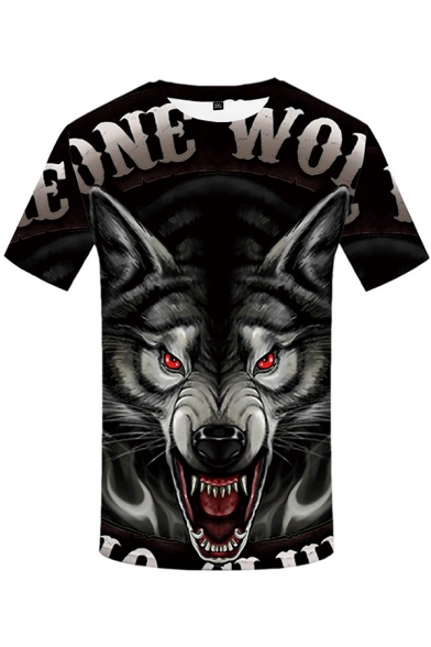 Cool Mens Black Short Sleeve Crew Neck 3D Letter Wolf Patterned Slim Fitted T-Shirt