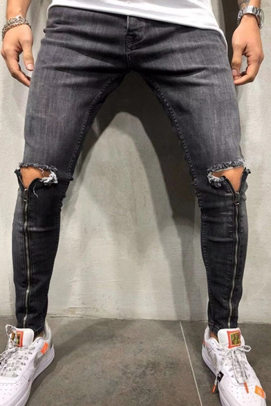 Cool Mens Mid Rise Ripped Zipper Embellished Bleach Plain Long Skinny Jeans in Black