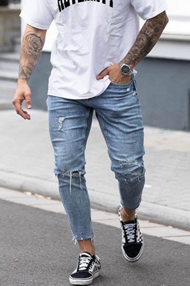 Cool Street Boys Light Blue Mid Waist Distressed Raw Edge Ankle Length Slim Fit Jeans