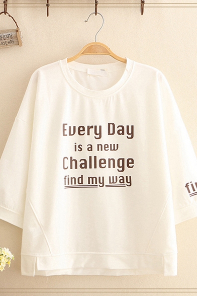 Cool Street Girls Three-Quarter Sleeve Round Neck Letter EVERY DAY IS A NEW CHALLENGE Print Slit Side Relaxed T-Shirt