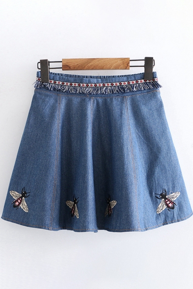 Cute Fashion Girls Elastic Waist Bee Embroidered Tassel Decoration Mini Pleated A-Line Skirt