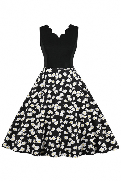 

Daisy Floral Pattern Patchwork Sleeveless Scalloped V-Neck Mid Pleated Swing Special Occasion Dress in Black, LM621839