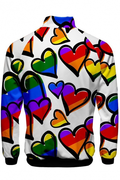 Fance Mens Long Sleeve Mock Neck Zipper Front Stripe Flag Fist Flower Heart Printed Relaxed Colorful Sweatshirt