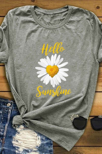 Fancy Girls Roll Up Sleeve Crew Neck Letter HELLO SUNSHINE Daisy Graphic Loose Fit T Shirt