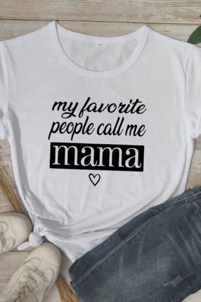 Fancy Girls Roll Up Sleeve Crew Neck Letter MY FAVORITE PEOPLE CALL ME MAMA Print Slim Fit T Shirt