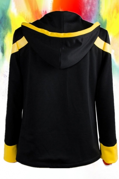Fashionable Boys Black Long Sleeve Drawstring Zip Up Anime 3D Cosplay Print Contrasted Relaxed Sherpa Hoodie