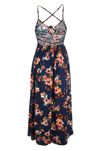 Glamorous Girls Vacation Sleeveless Bow Tie Front All Over Flower Printed Lace Up Hollow Out Back Maxi Flowy Cami Dress