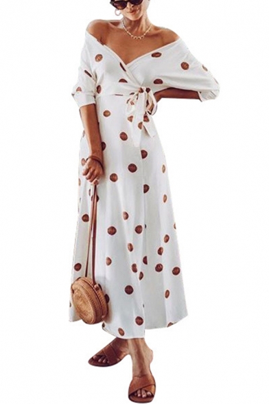 Gorgeous Amazing Womens Three-Quarter Sleeve Off the Shoulder Polka Dot Print Bow Tie Waist Long Wrap Dress in White