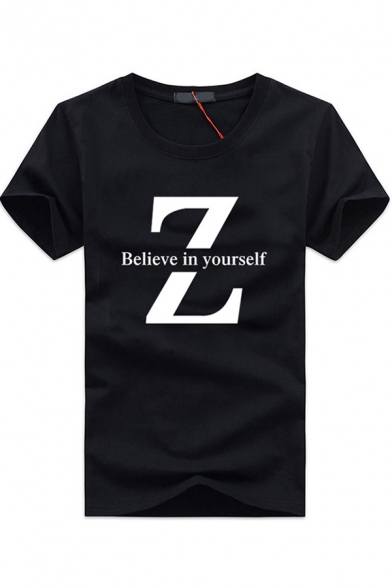 Guys Simple Summer Short Sleeve Round Neck Letter Z BELIEVE IN YOURSELF Print Fitted Tee Top