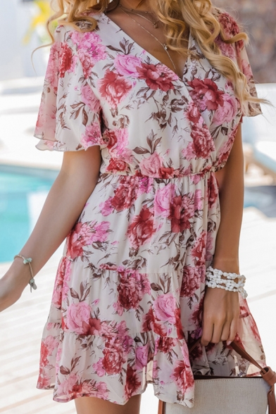 Holiday Glamorous Womens Bell Sleeves Surplice Neck All Over Flower Printed Ruffled Short Pleated A-Line Dress in White