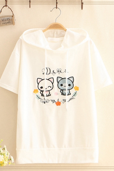 Lovely Girls Short Sleeve Hooded Drawstring Bear Embroidered Loose Fit T Shirt